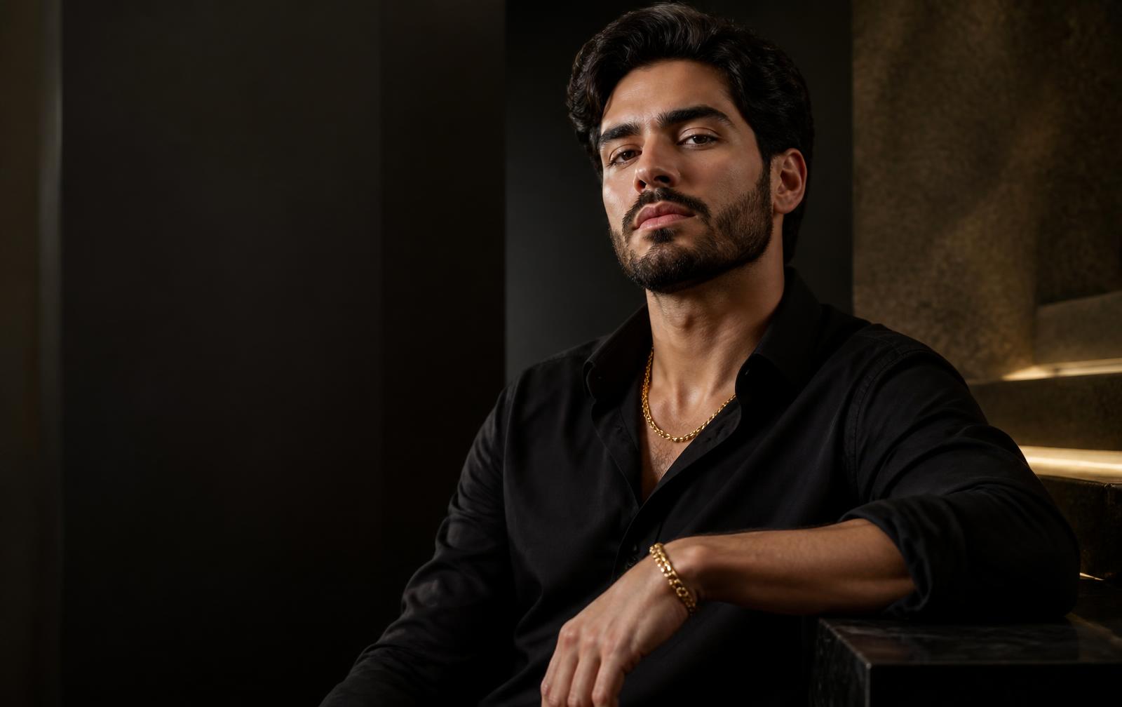 Homem usando corrente e pulseira douradas RIZI